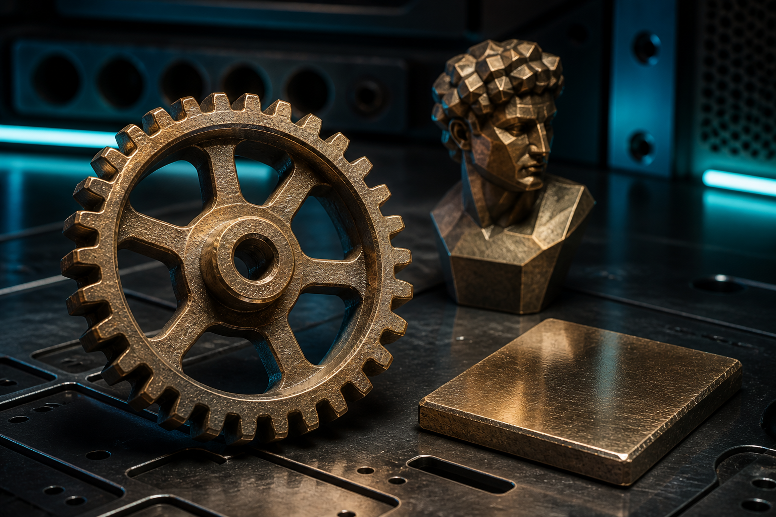 Illustrative schwere und polierte Drucke aus metallgefülltem Filament