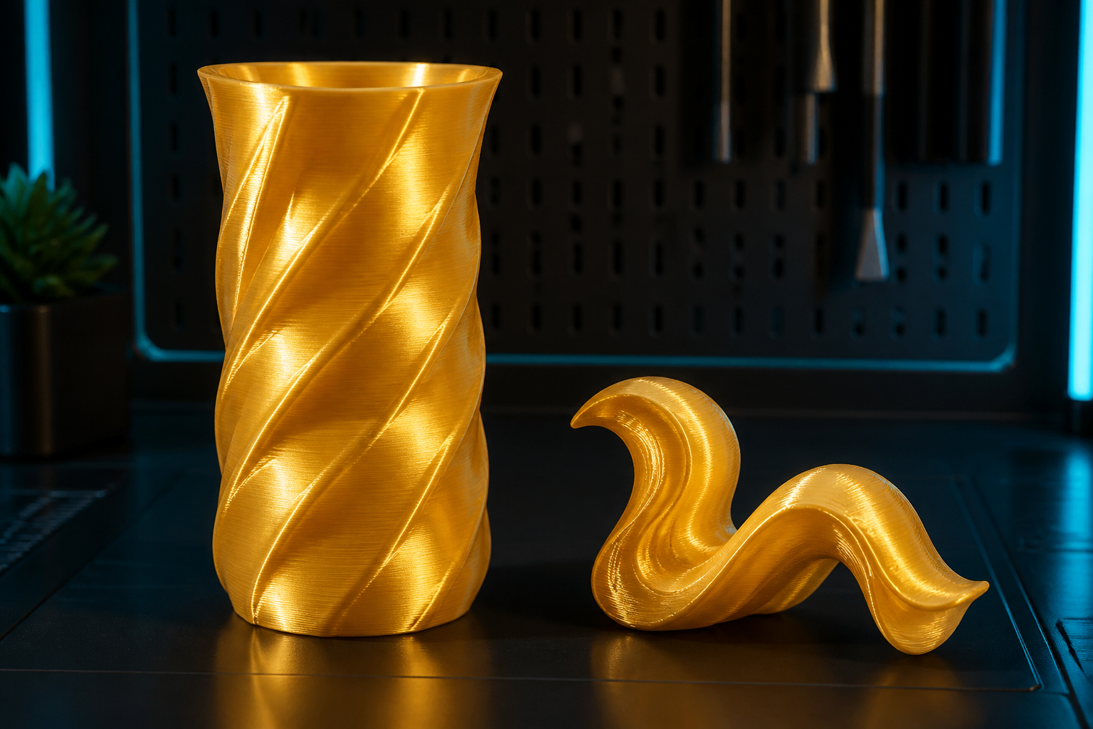 Illustrative goldglänzende Vase und Skulptur aus Silk-PLA