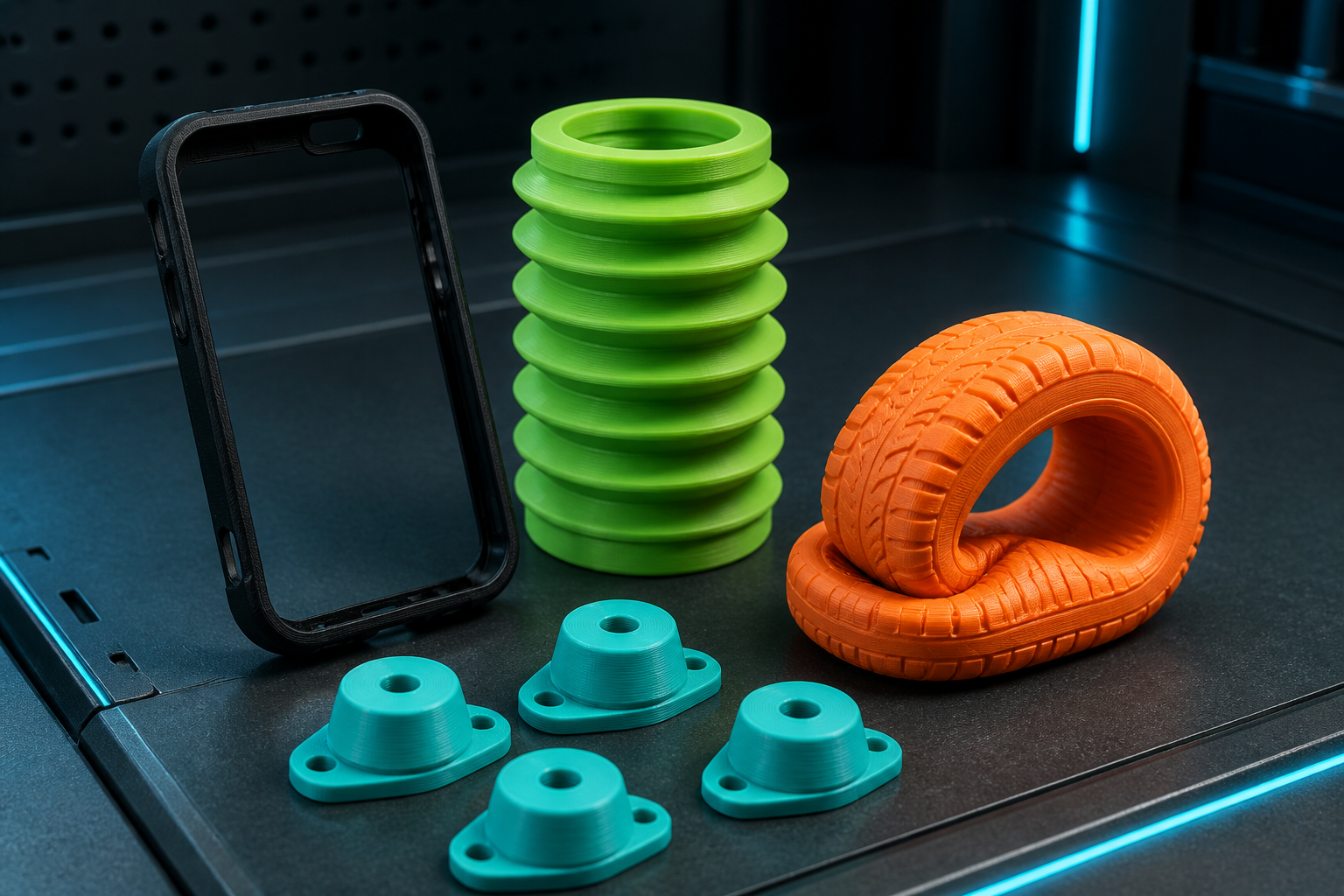 Illustrative flexible 3D-Drucke aus TPU: Schutzhülle, Faltenbalg, Reifen und Dämpfer
